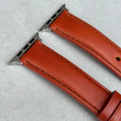 Top of the Athens Burnt Cinnamon Apple watch strap. Padded leather Apple watch strap.