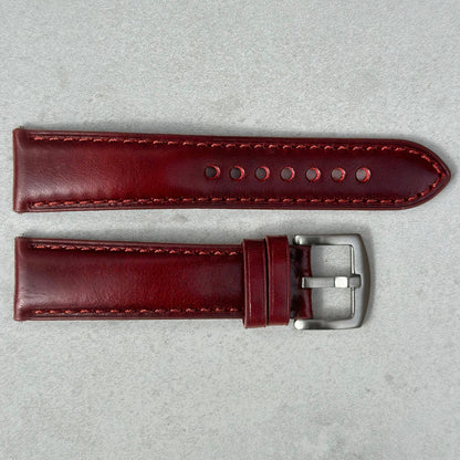 Birds eye view of the Athens wine red full grain leather watch strap. 316L stainless steel buckle. Watch And Strap.