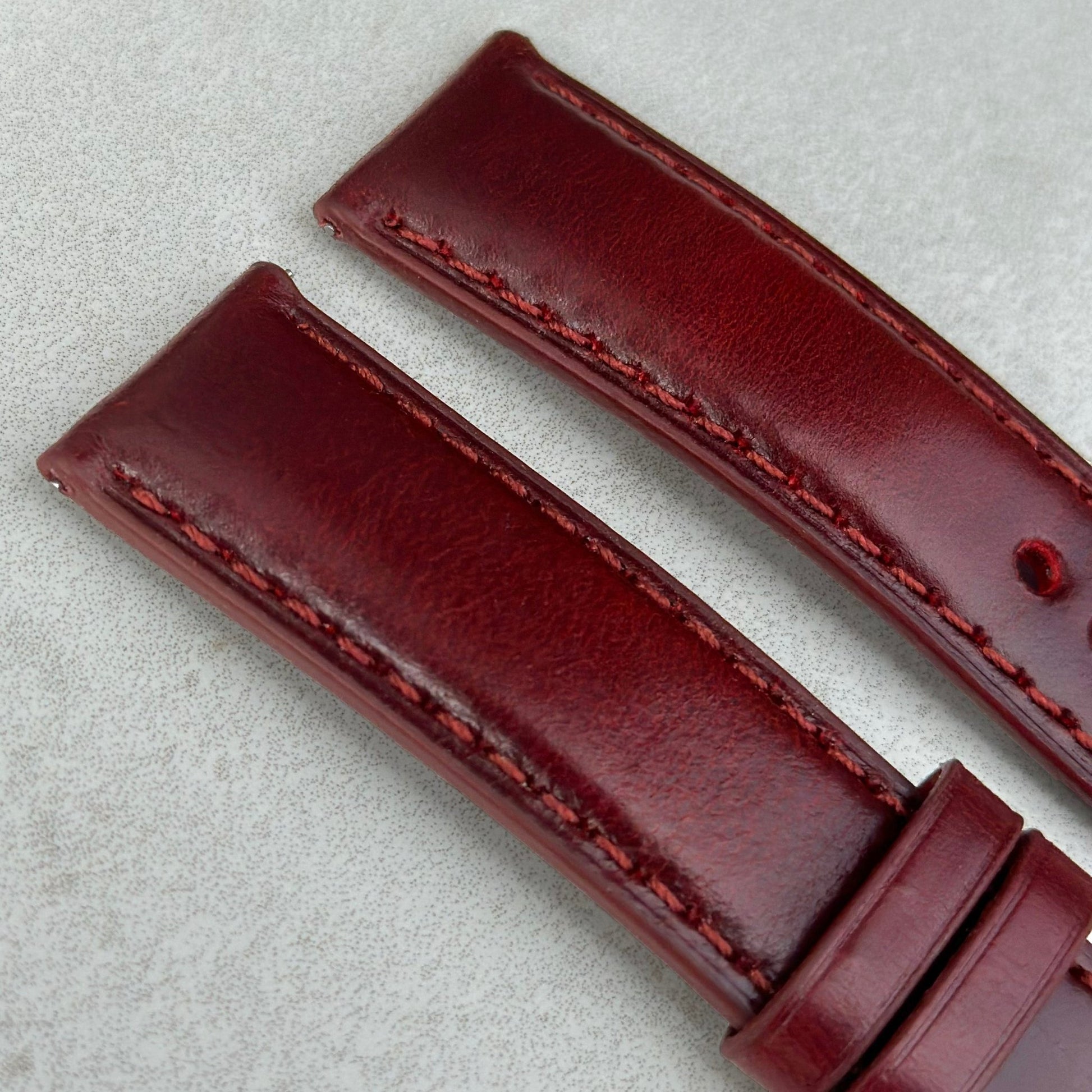 Top of the Athens wine red leather watch strap. Padded leather watch strap. Red stitching. Watch And Strap.