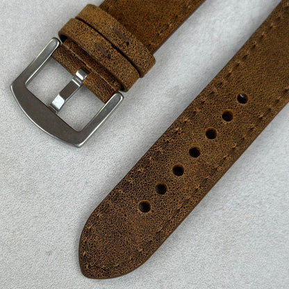 Underside of the 316L stainless steel buckle on the Athens Desert Sand tan watch strap.