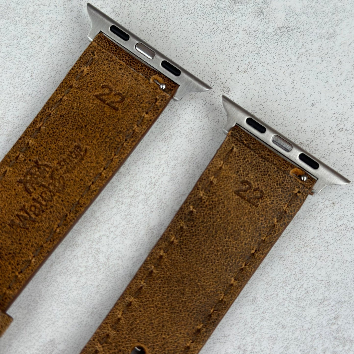 Top of the Desert Sand Tan leather watch strap. 316L stainless steel apple watch connectors.