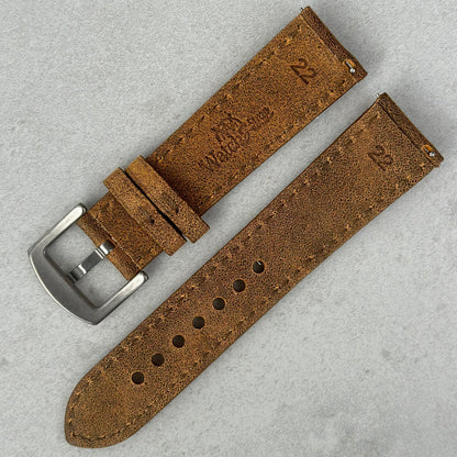Rear of the Athens desert sand full grain leather watch strap. Watch And Strap logo. Quick release pins.