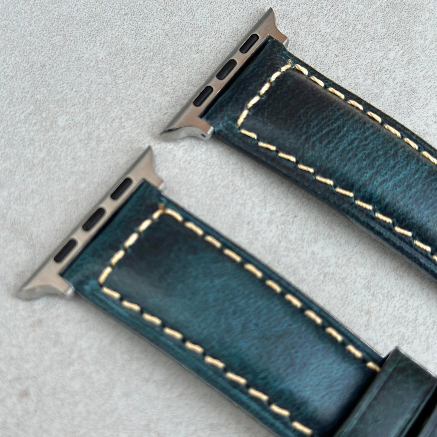 Top of the Berlin blue full grain leather watch strap. Padded watch strap with contrast ivory stitching. Watch And Strap.