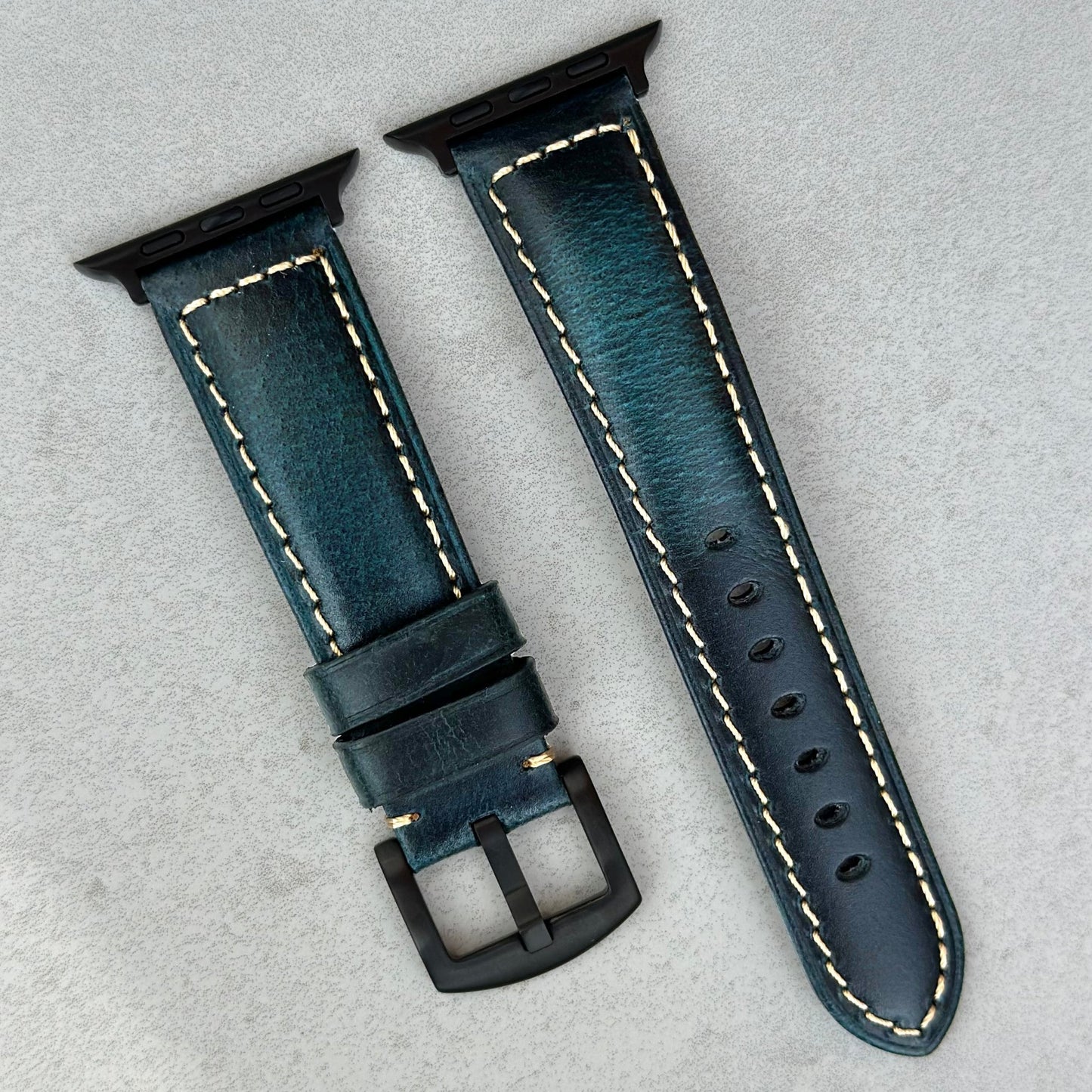 Berlin blue full grain leather watch strap fitted with black stainless steel hardware. Watch And Strap.