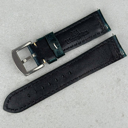 Rear of the Berlin blue full grain leather watch strap. Watch And Strap logo debossed into the strap. Quick release pins.