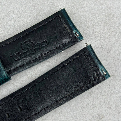 Quick release pins on the Berlin blue full grain leather watch strap.