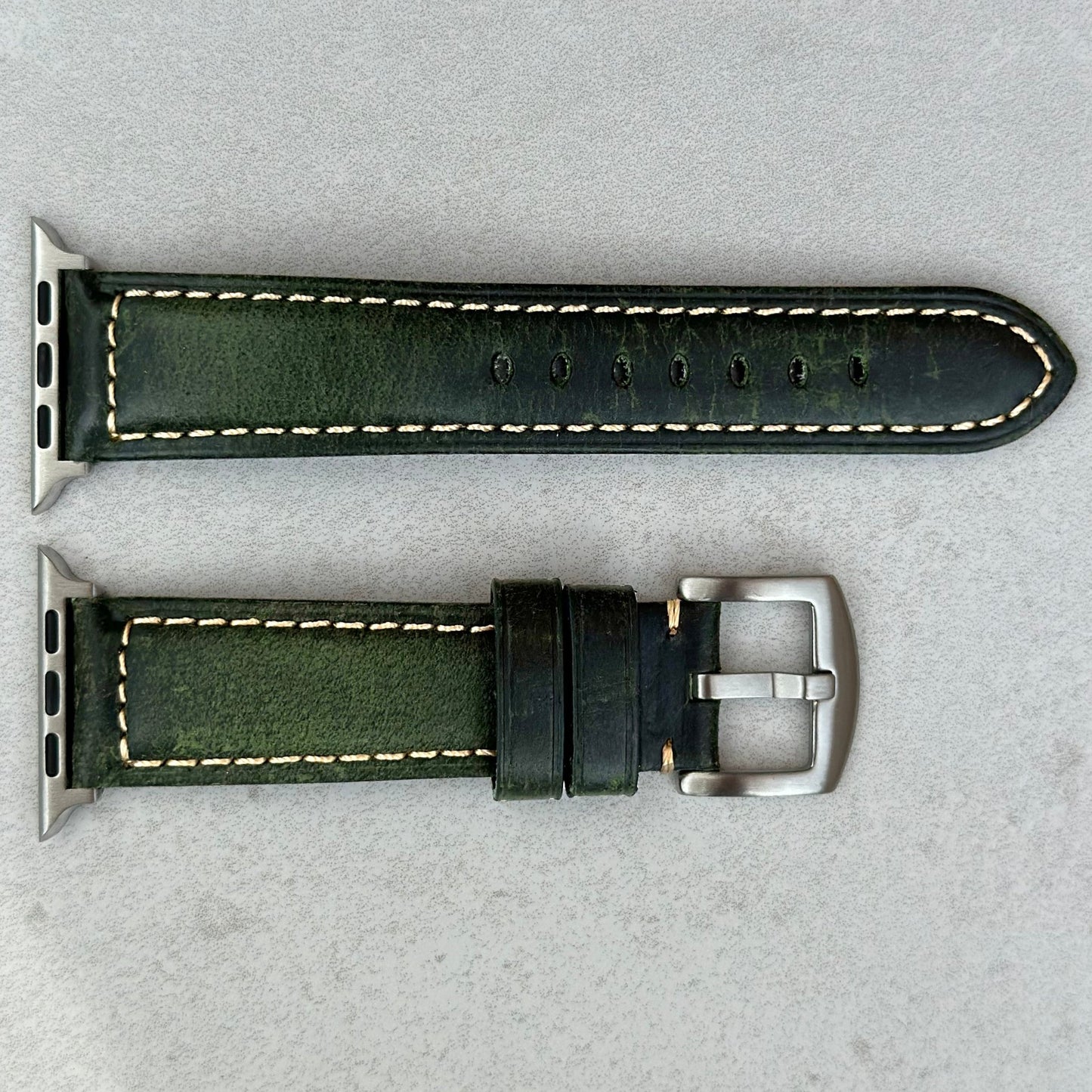 Berlin green full grain leather Apple Watch strap. Contrast ivory stitching. Stainless steel buckle. Watch And Strap.