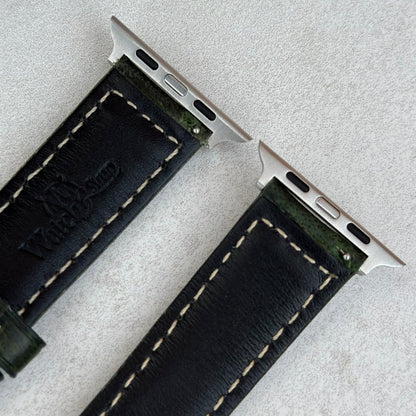 Top of the Berlin green full grain leather Apple Watch strap. Brushed 316L stainless steel hardware. Watch And Strap.