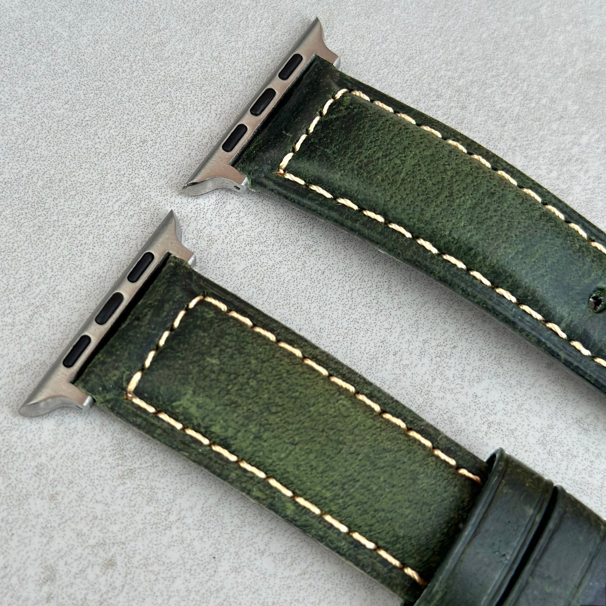 Top of the Berlin green full grain leather Apple Watch Strap. Padded watch strap, contrast ivory stitching. Watch And Strap.