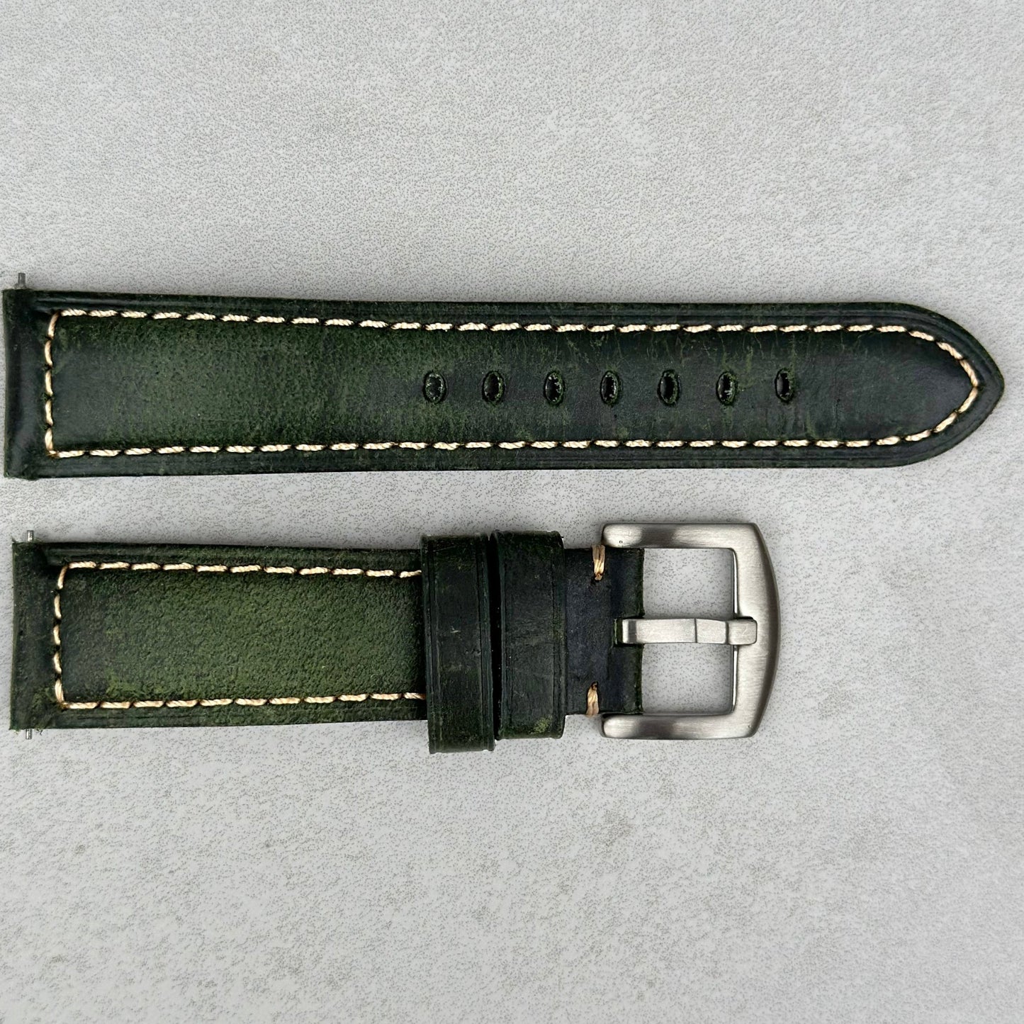 Berlin green full grain leather watch strap. Contrast ivory stitching. Brushed 316L stainless steel buckle. Watch And Strap.
