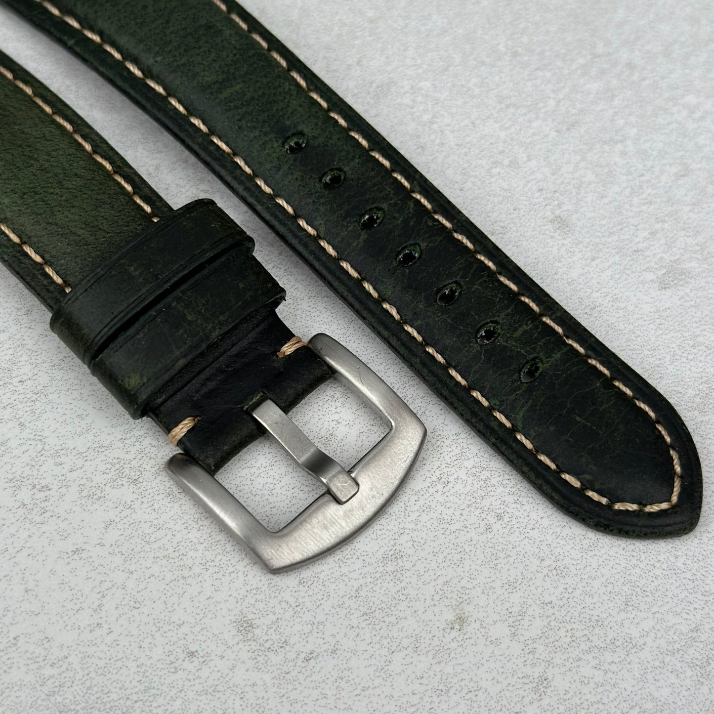 Brushed 316L stainless steel buckle on the Berlin green full grain leather Apple Watch strap. Watch And Strap.