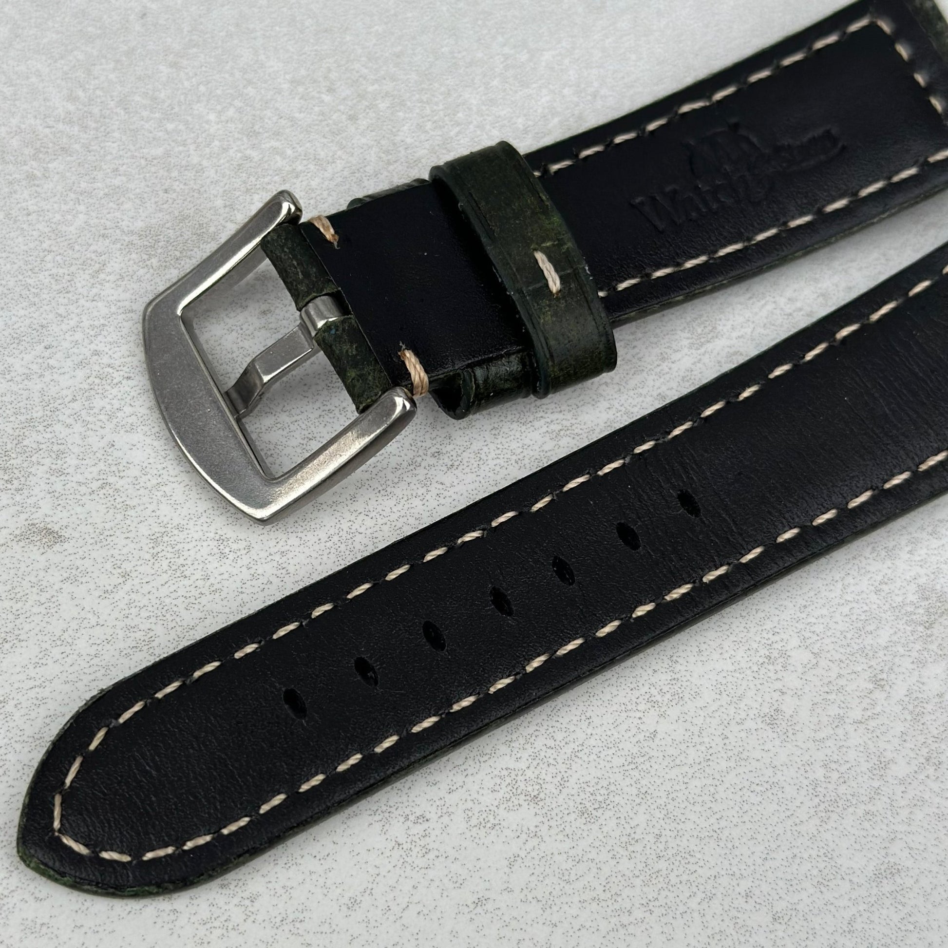Rear buckle of the Berlin green full grain leather watch strap. Watch And Strap.