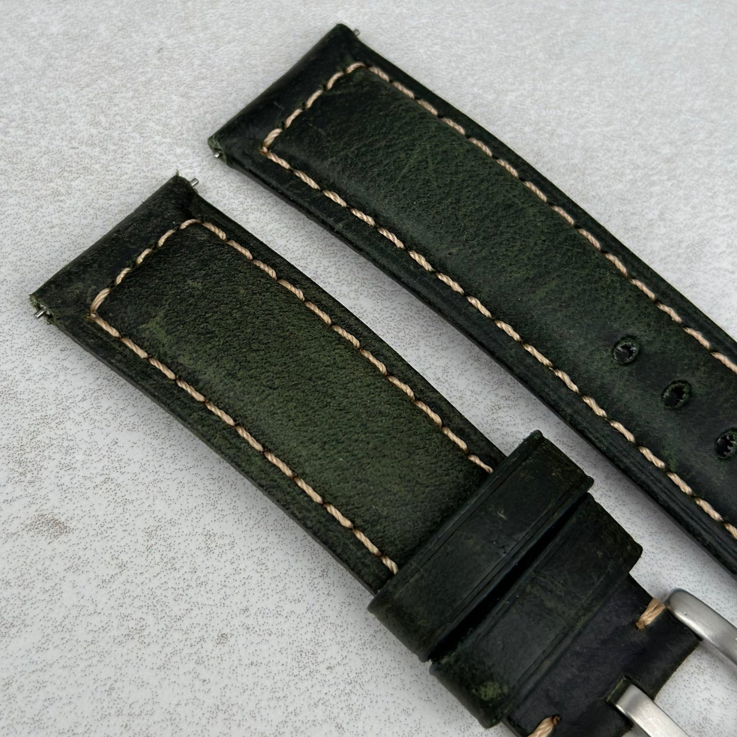 Top of the Berlin Green full grain leather watch strap. Padded leather watch strap. Watch And Strap.