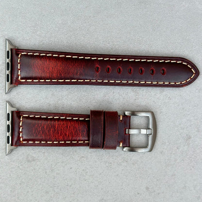 Berlin red full grain leather Apple Watch strap. Apple Watch series 3, 4, 5, 6, 7, 8, 9, SE and Ultra. Watch And Strap.