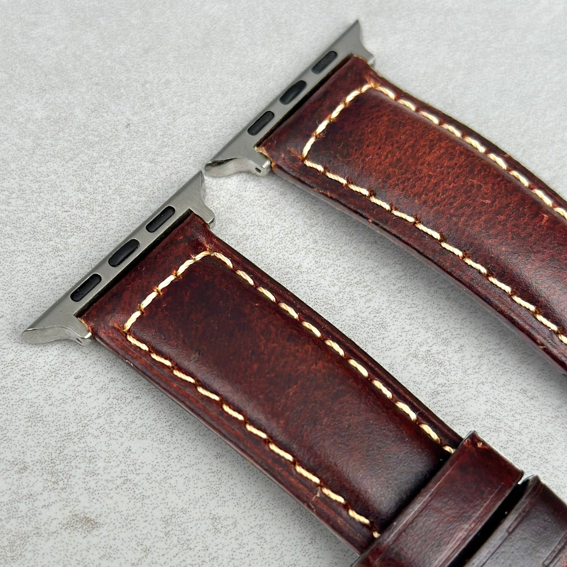 Top of the Berlin brown full grain leather Apple Watch strap. Contrast ivory stitching, padded strap. Watch And Strap.