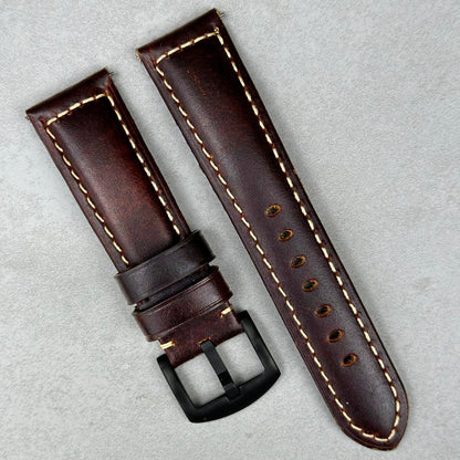 Berlin tabaco brown full grain leather watch strap with brushed black stainless steel buckle. 18mm, 20mm, 22mm, 24mm.