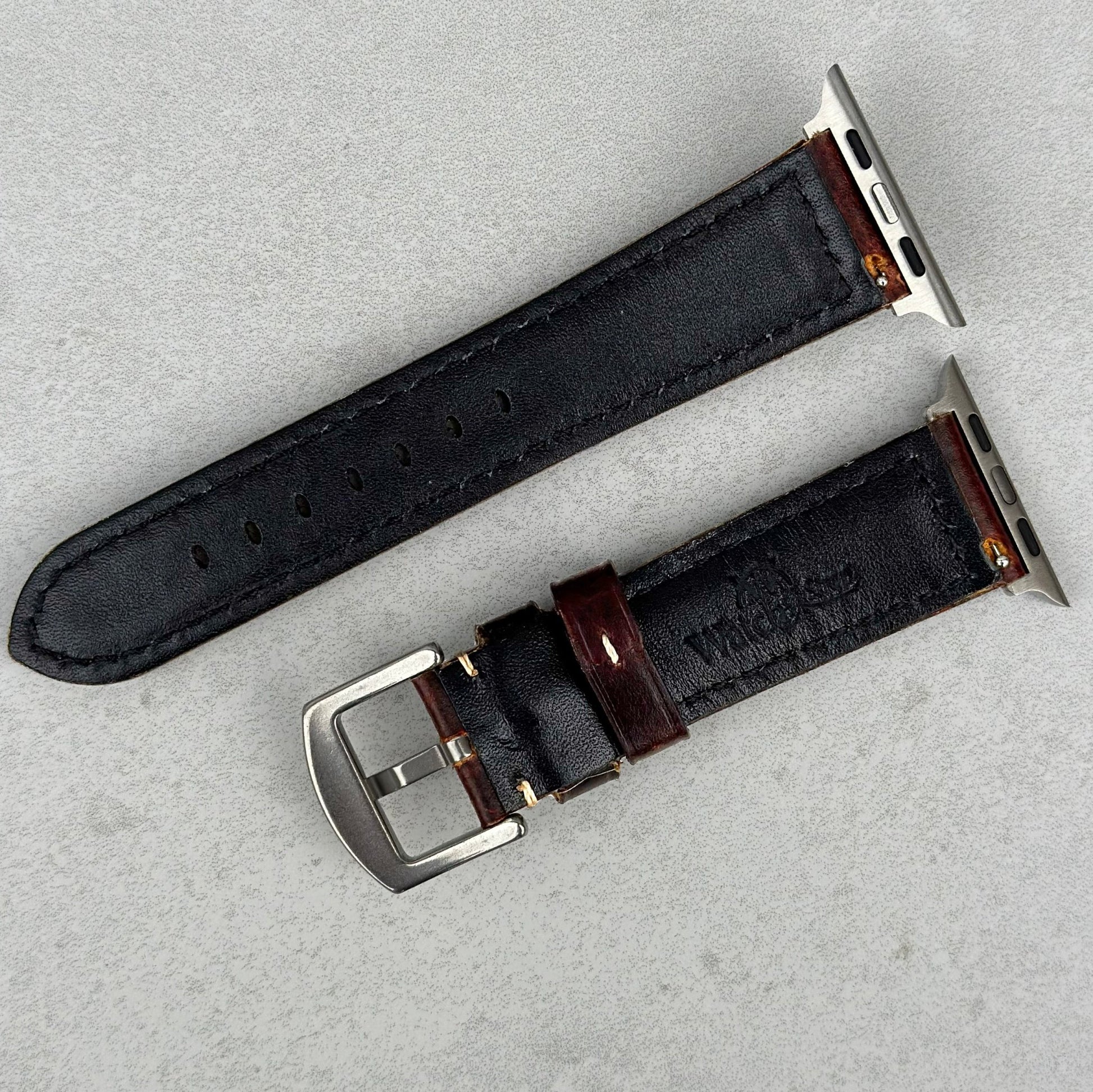 Rear of the Berlin brown full grain leather Apple Watch strap. Watch And Strap logo. Brushed 316L stainless steel hardware.