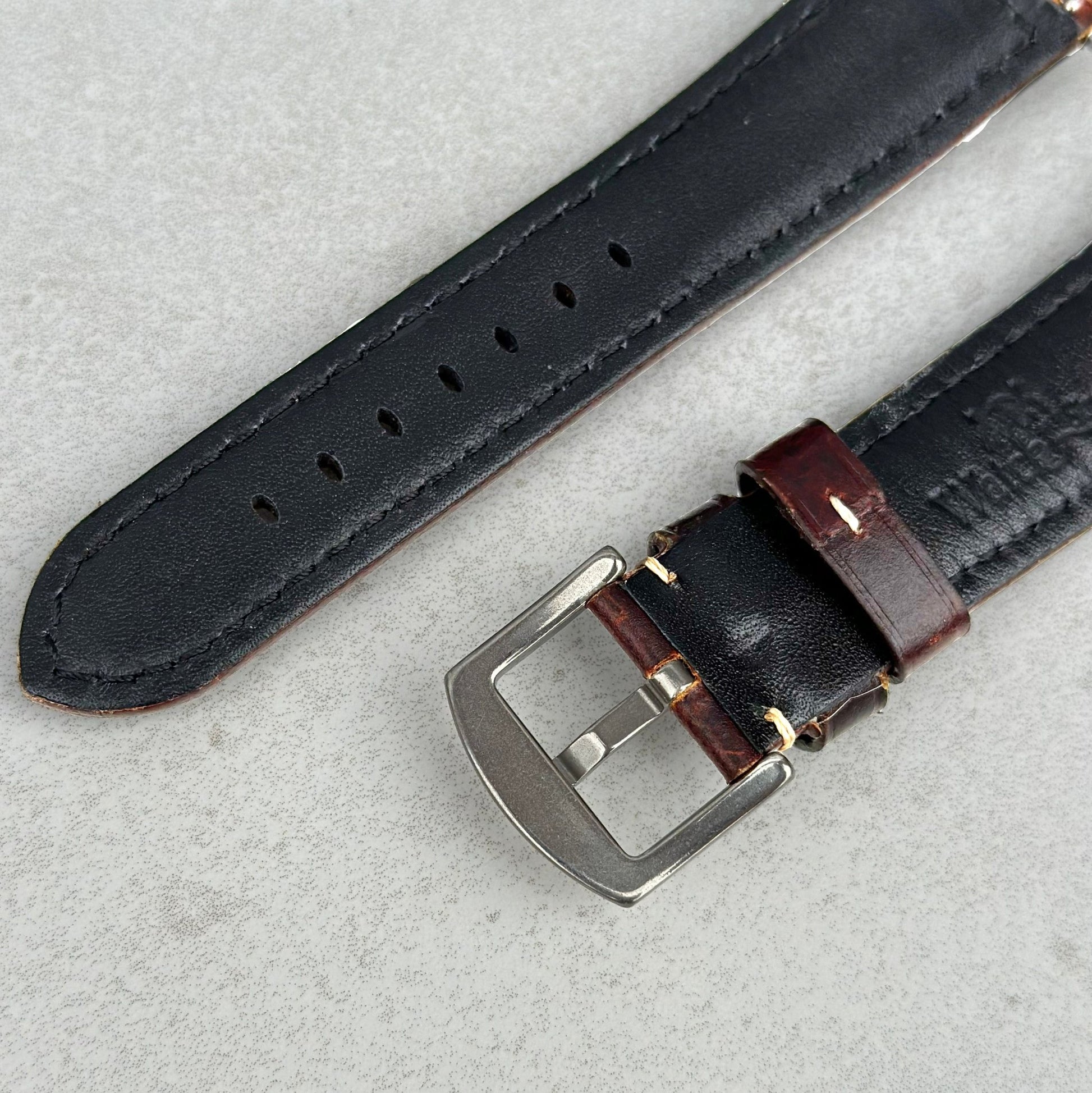 Underside buckle of the Berlin brown full grain leather Apple Watch strap. Watch And Strap.