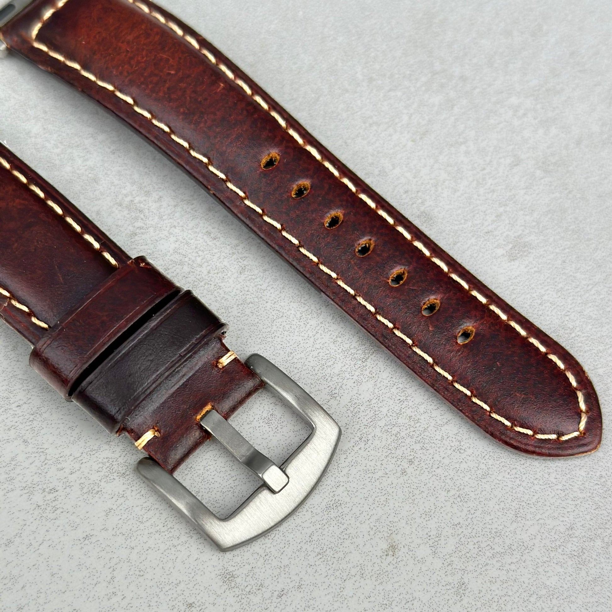 Brushed 316L stainless steel buckle on the Berlin brown full grain leather Apple Watch strap. Watch And Strap.