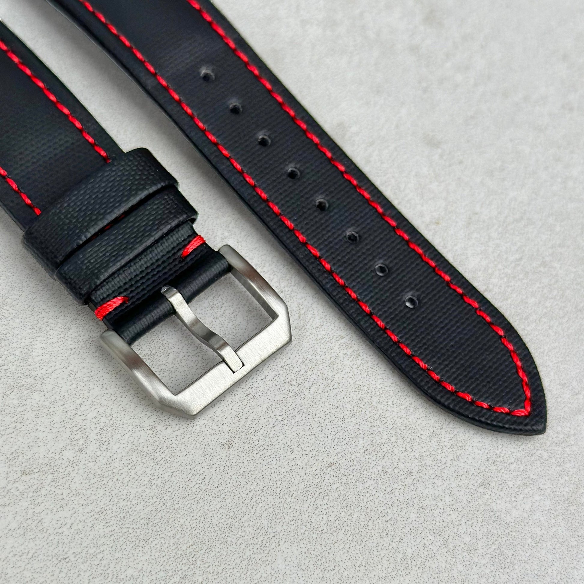 Brushed stainless steel buckle on the Bermuda jet black sail cloth Apple Watch strap. Watch And Strap