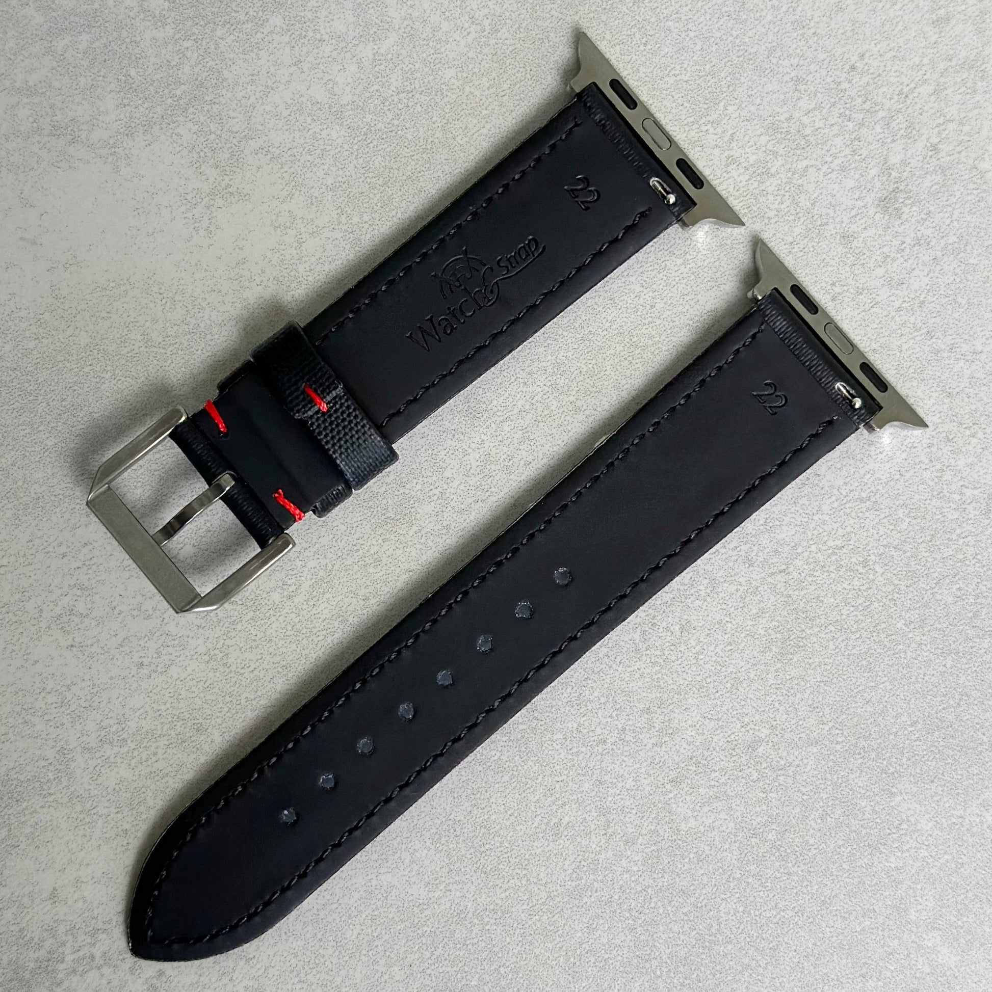 Rear of the Bermuda jet black sail cloth watch strap with contrast red stitching. Watch And Strap