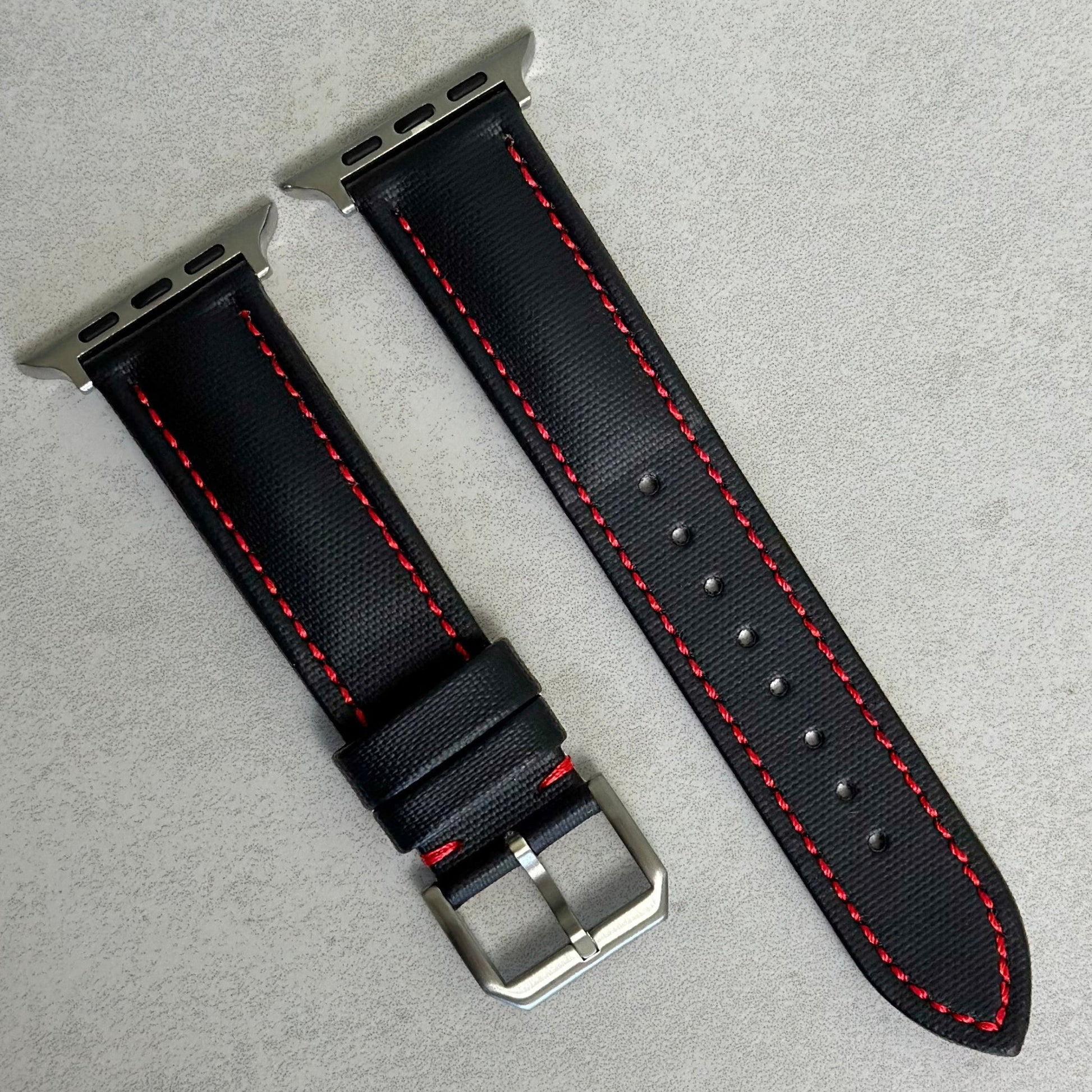 Bermuda jet black sail cloth Apple Watch strap with contrast red stitching. Apple Watch Series 3, 4, 5, 6, 7, 8, 9, SE, Ultra