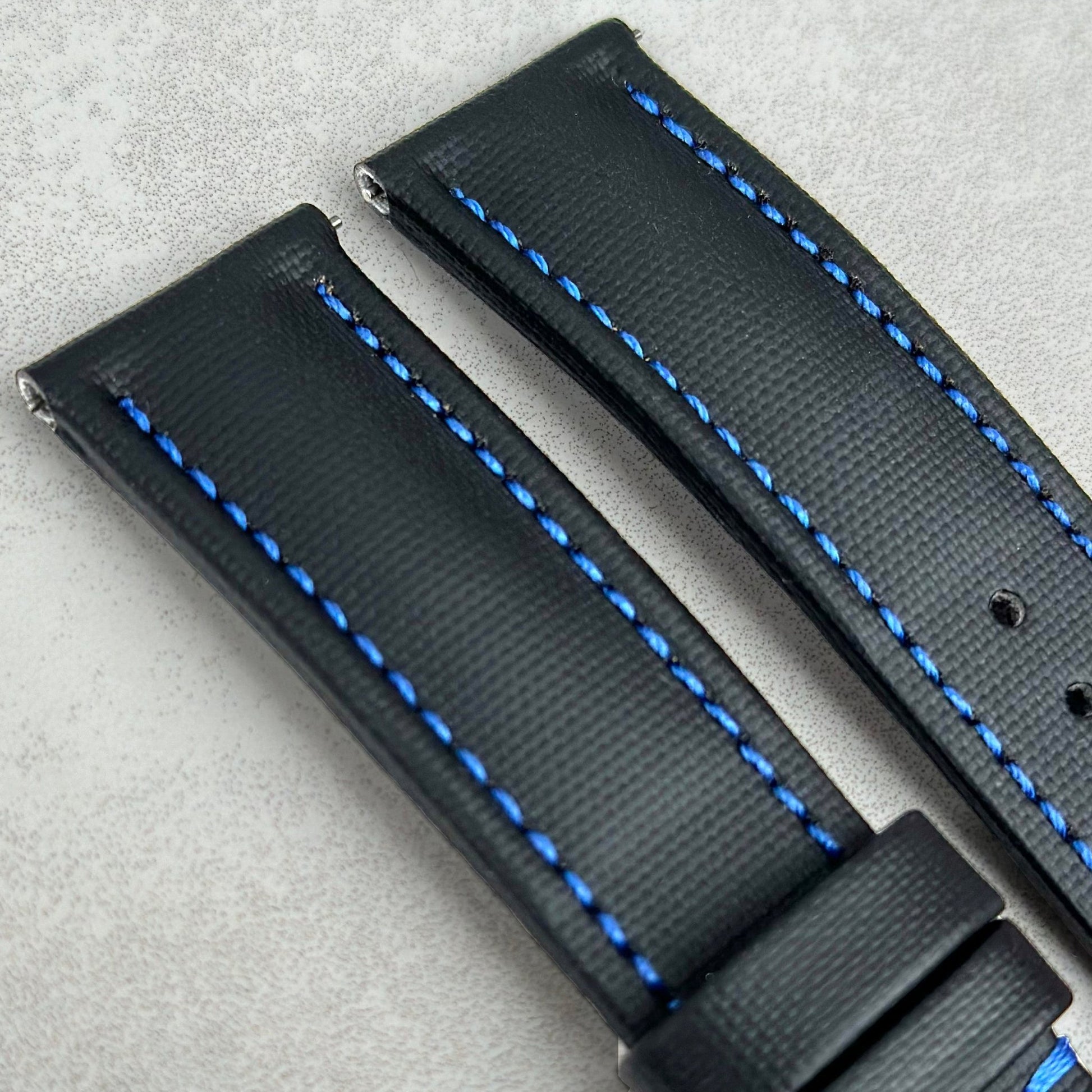 Top of the Bermuda jet black sail cloth watch strap with blue stitching. Padded sail cloth watch strap. Watch And Strap.