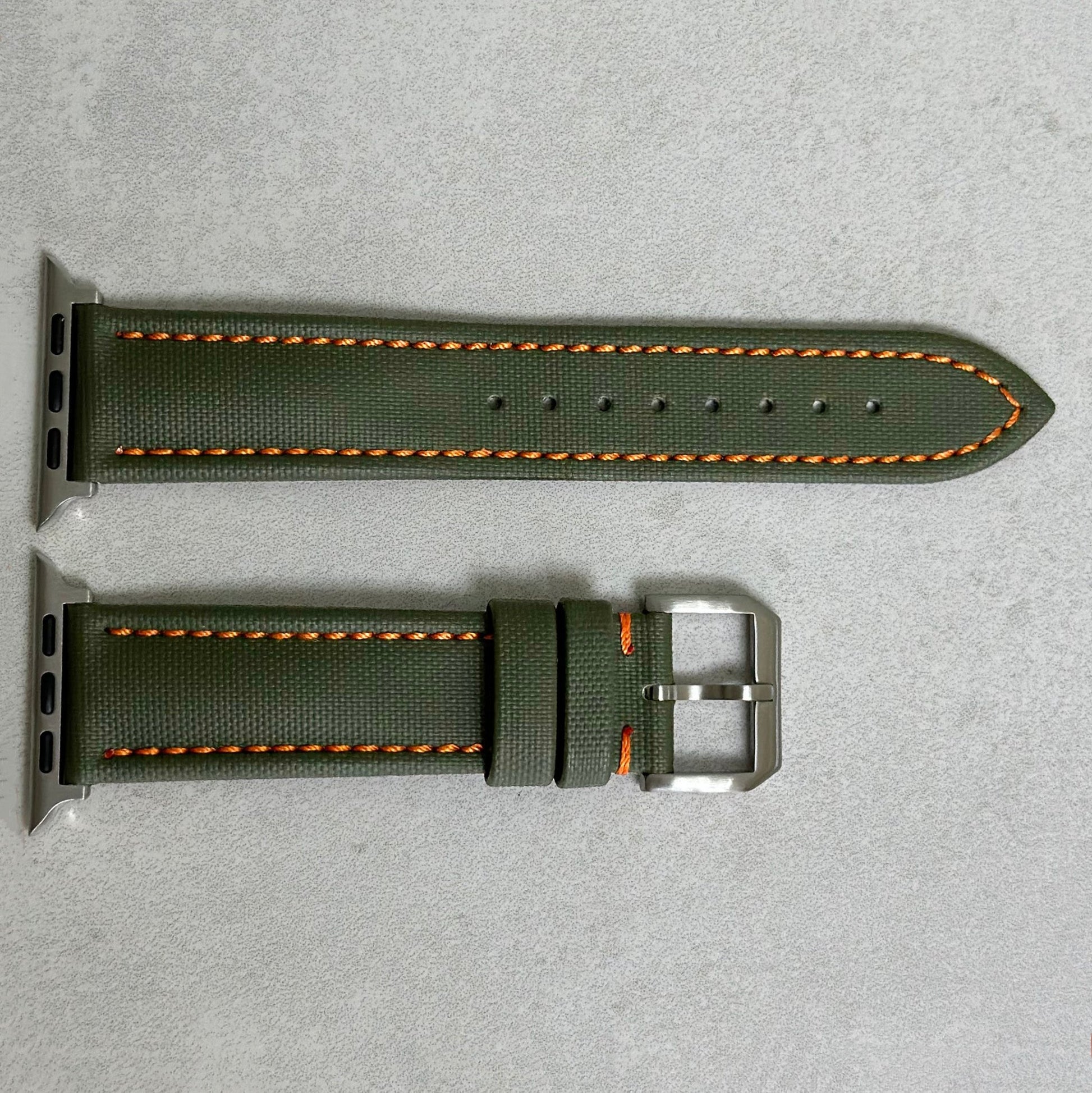 Bermuda khaki green and orange sail cloth Apple Watch strap. Apple Watch series 3, 4, 5, 6, 7, 8, 9, SE and Ultra.