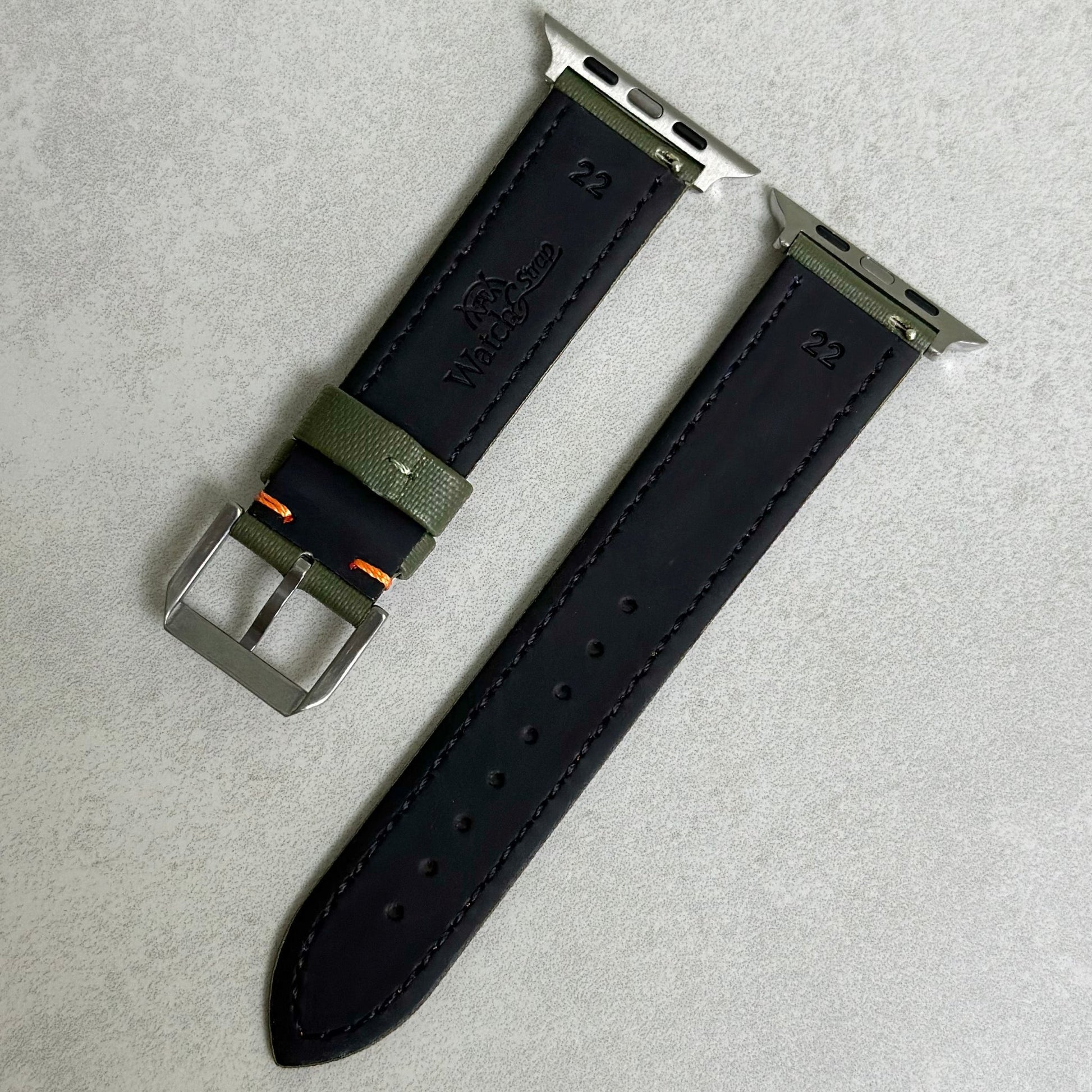 Rear of the Bermuda khaki green sail cloth watch strap. Black leather. Watch And Strap