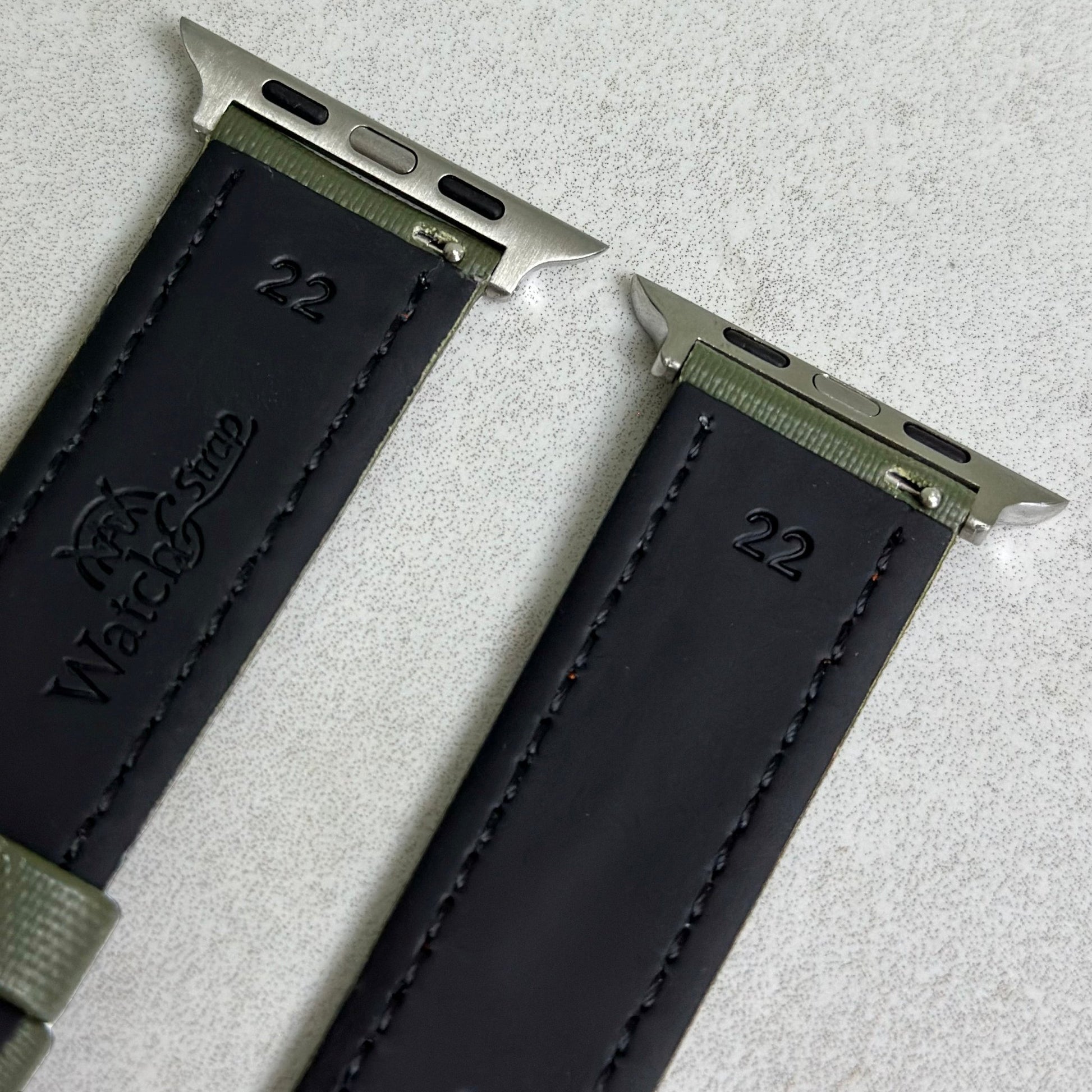 Rear of the Bermuda khaki green sail cloth watch strap. Black leather. Watch And Strap