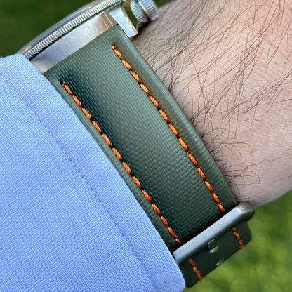 The Bermuda: Khaki Green Sail Cloth Watch Strap With Contrast Orange Stitching