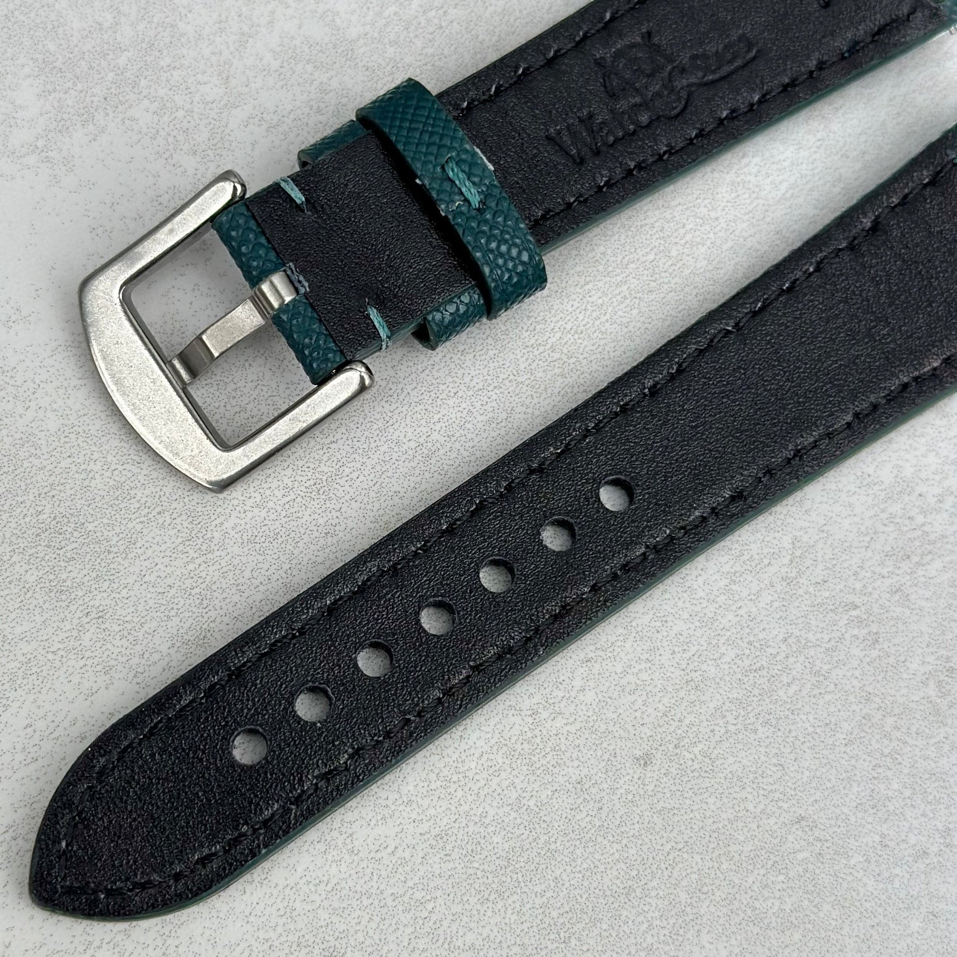 Underside buckle of the Florence teal full grain leather watch strap. Watch And Strap.