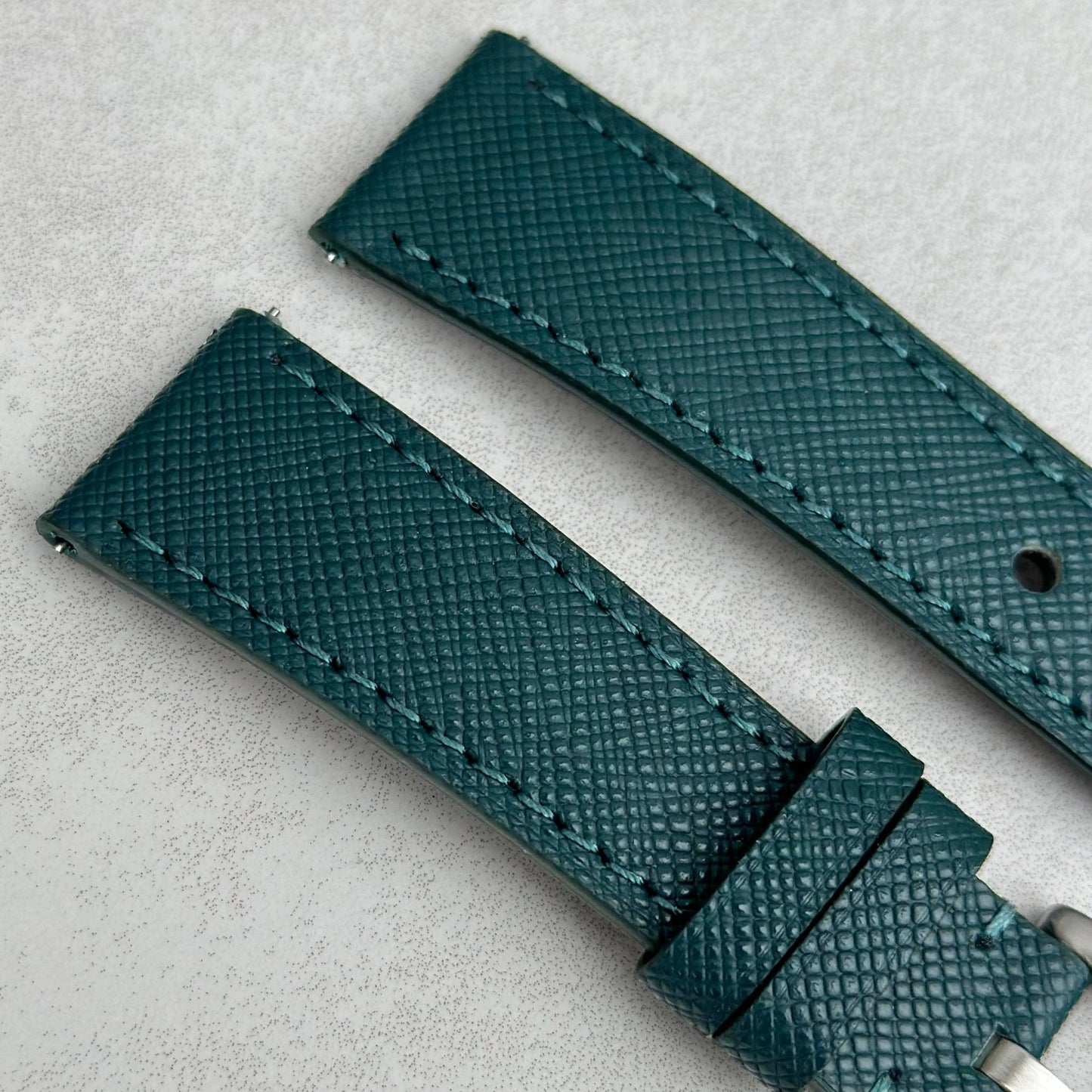 Top of the Florence teal Saffiano leather watch strap. Teal stitching. 18mm, 20mm, 22mm, 24mm. Watch And Strap.