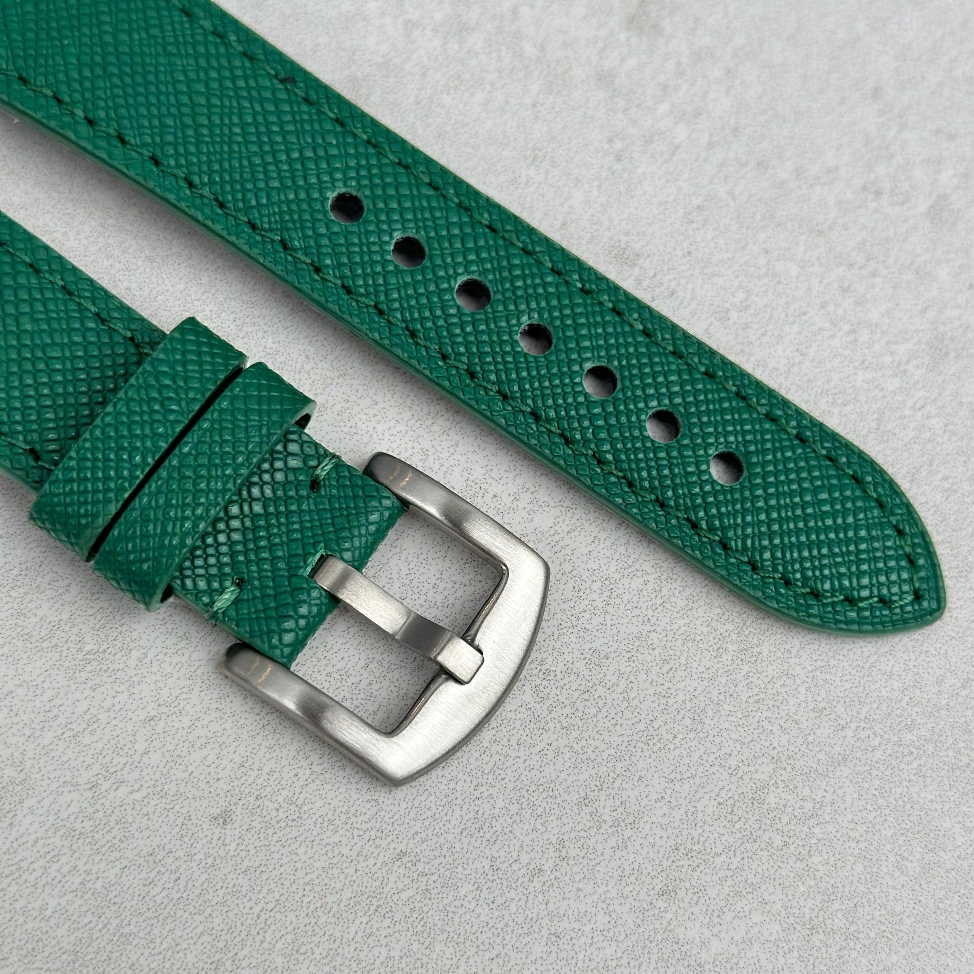 Brushed 316L stainless steel buckle on the Florence emerald green Saffiano leather watch strap.