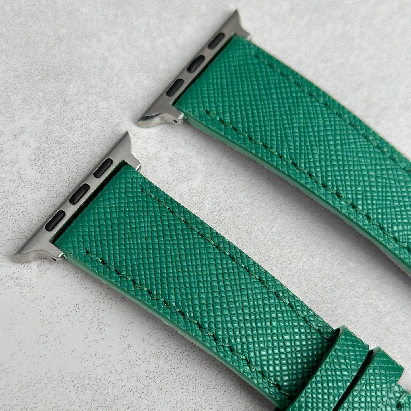 Top of the Florence Saffiano Leather Apple Watch Strap. Green stitching. Watch And Strap.