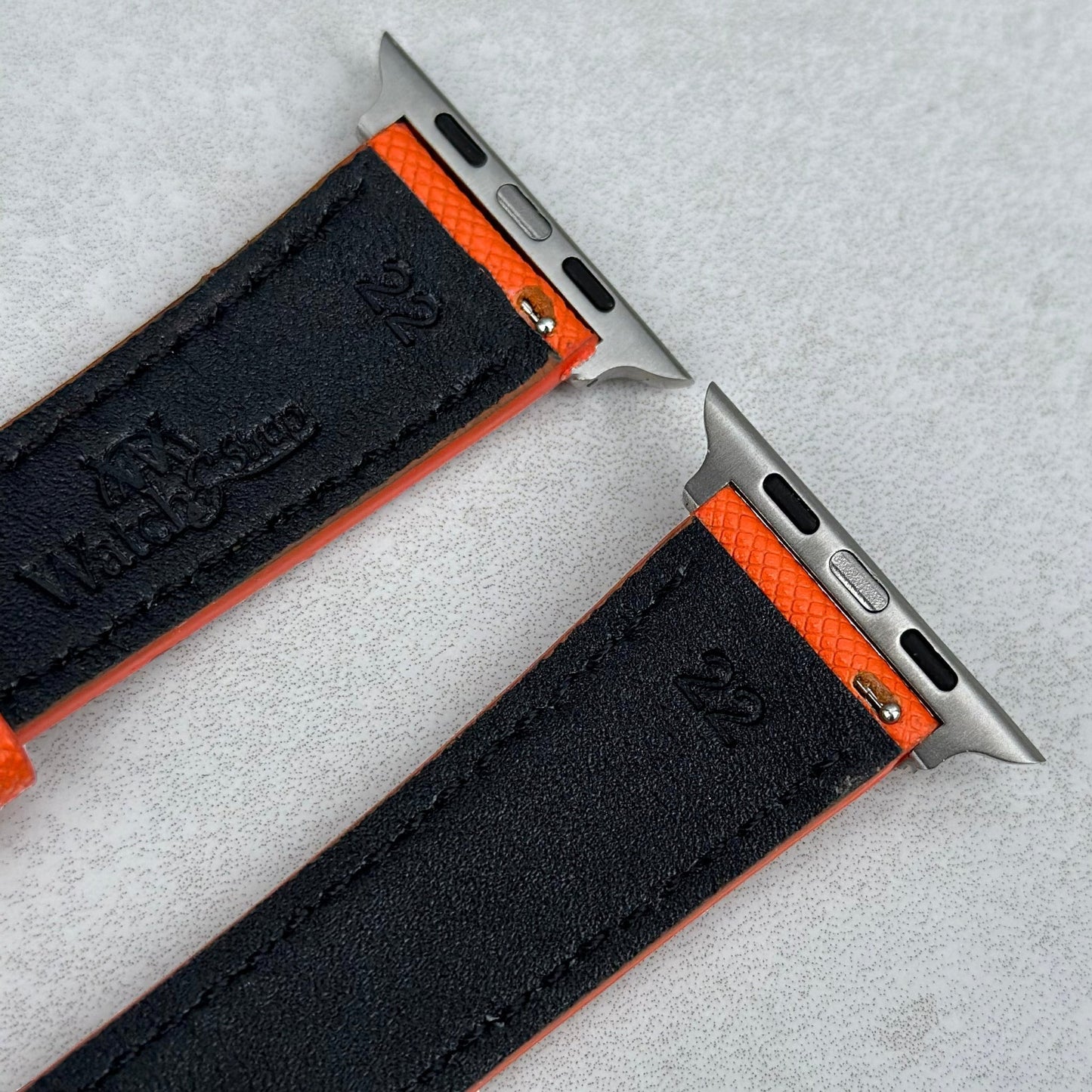 Rear top of the Florence orange saffiano leather apple watch strap. Watch And Strap.