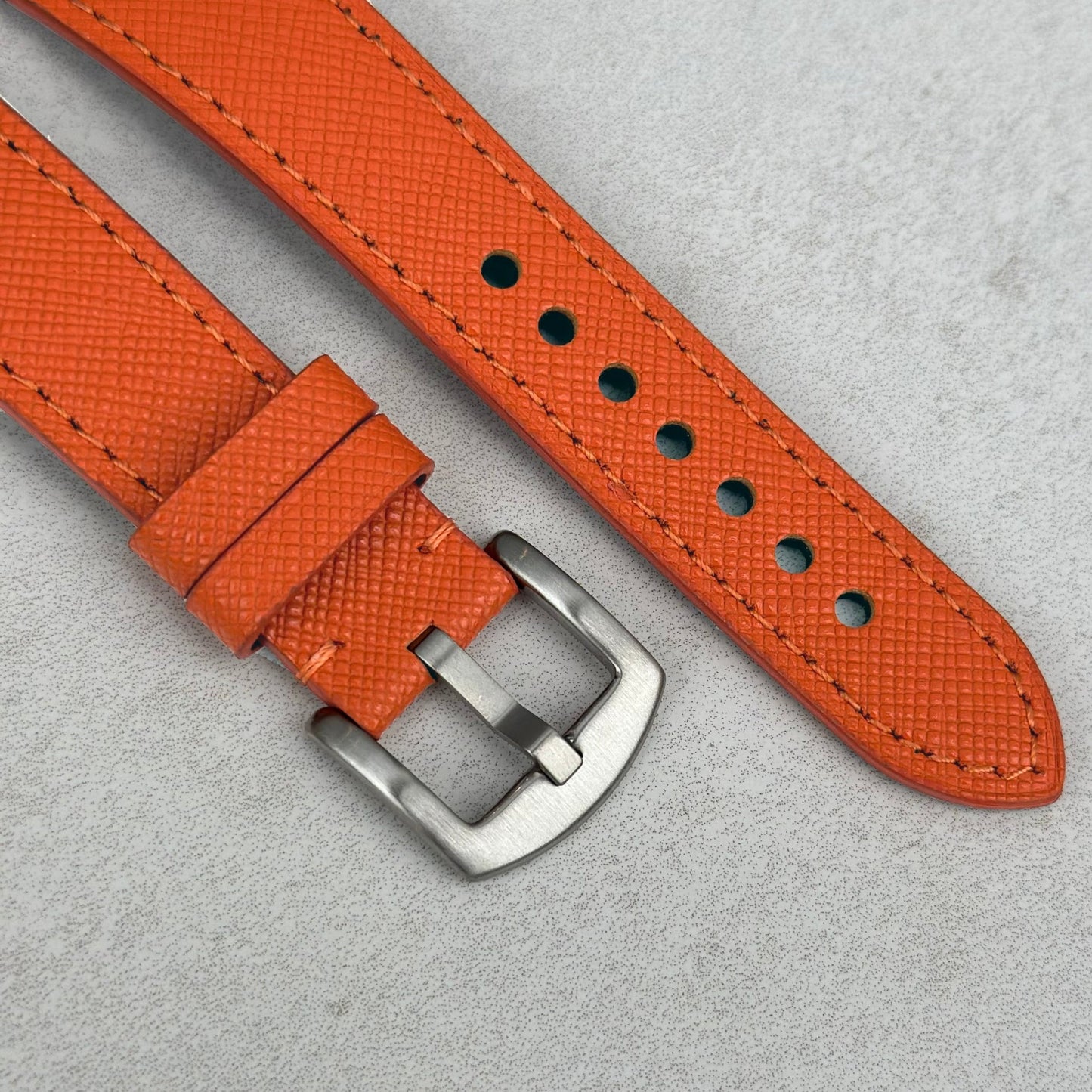 Brushed 316L stainless steel buckle on the Florence orange Saffiano leather watch strap. Watch And Strap