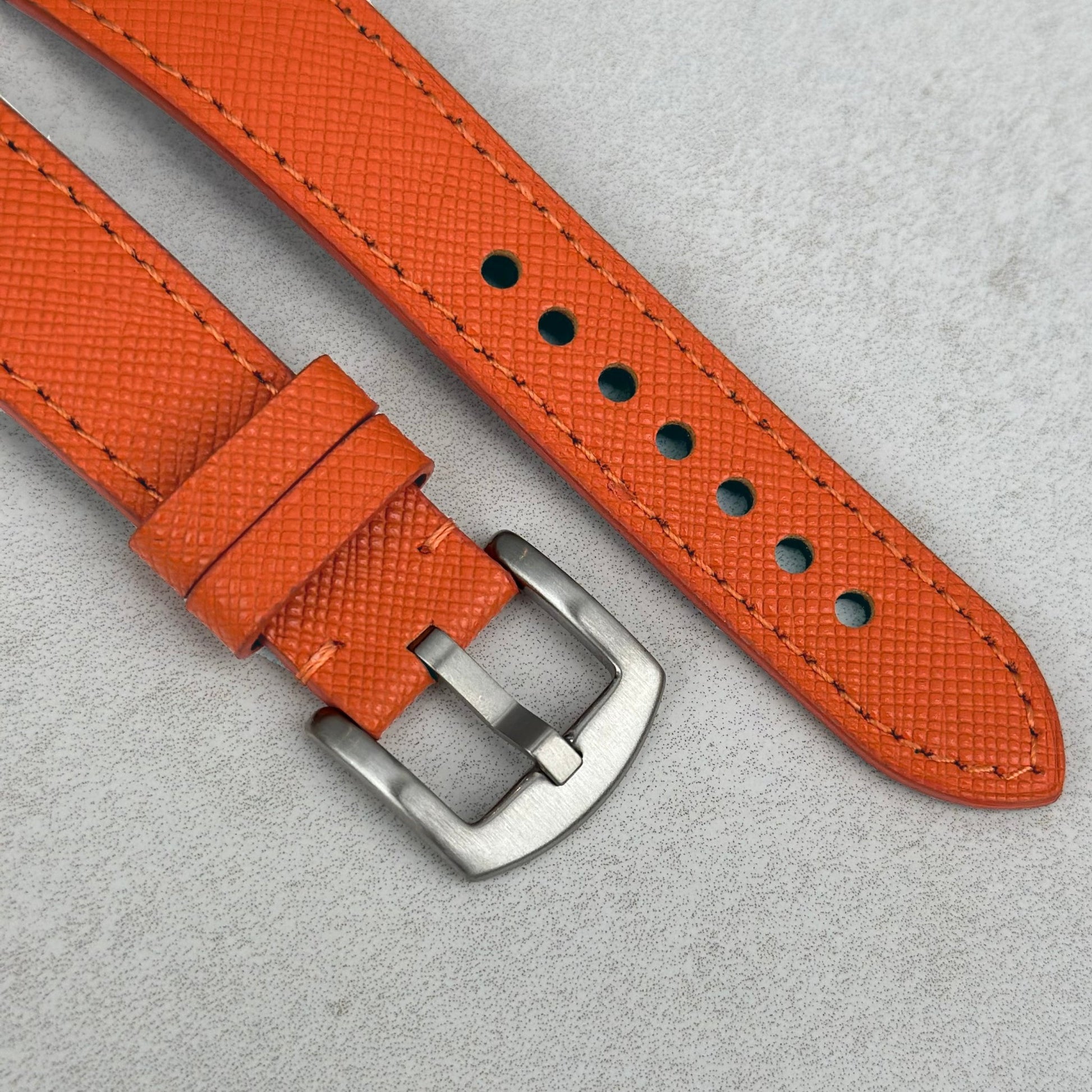 Brushed 316L stainless steel buckle on the Florence orange Saffiano leather watch strap. Watch And Strap