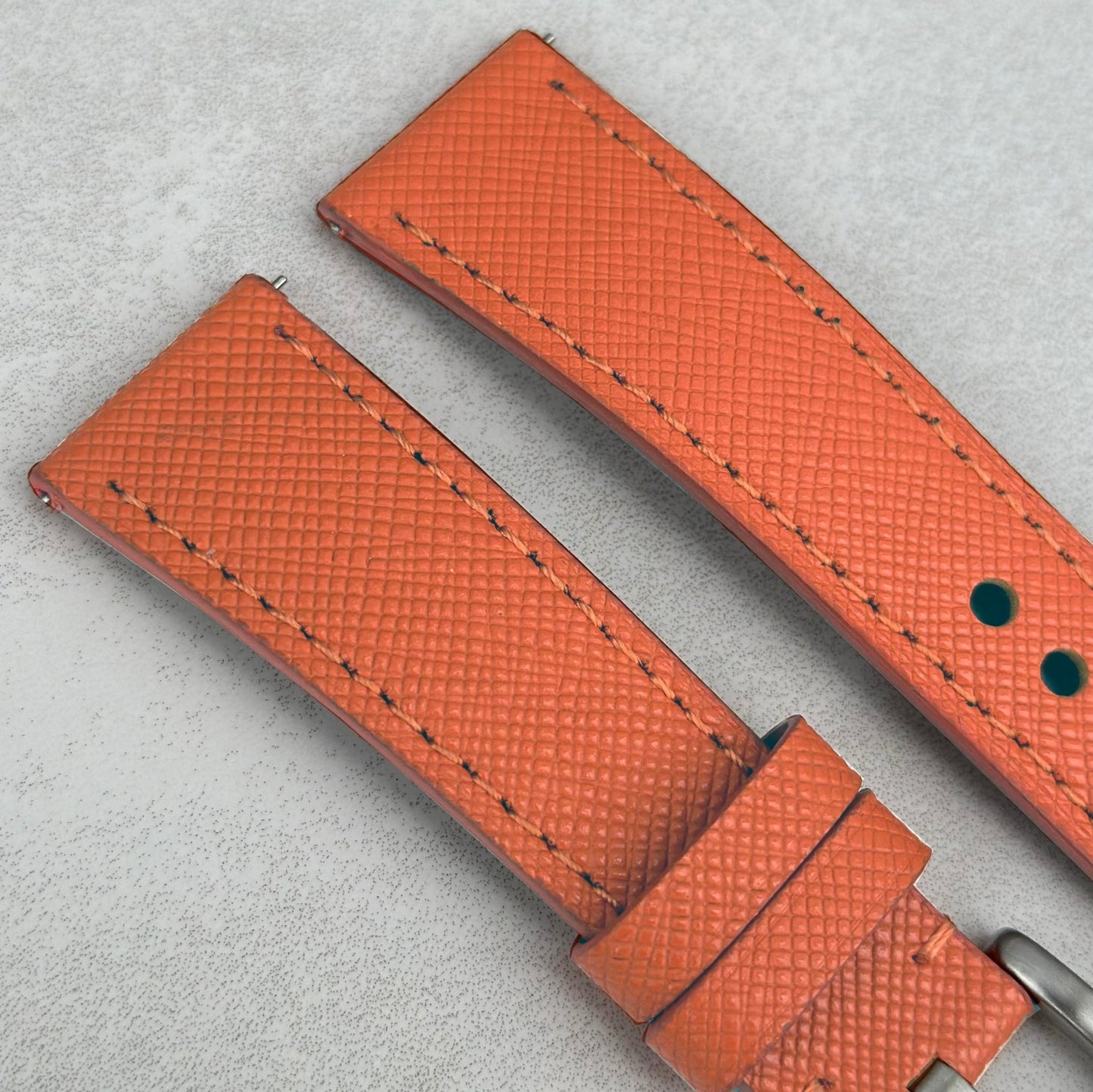 Top of the Florence orange Saffiano leather watch strap. Watch And Strap.