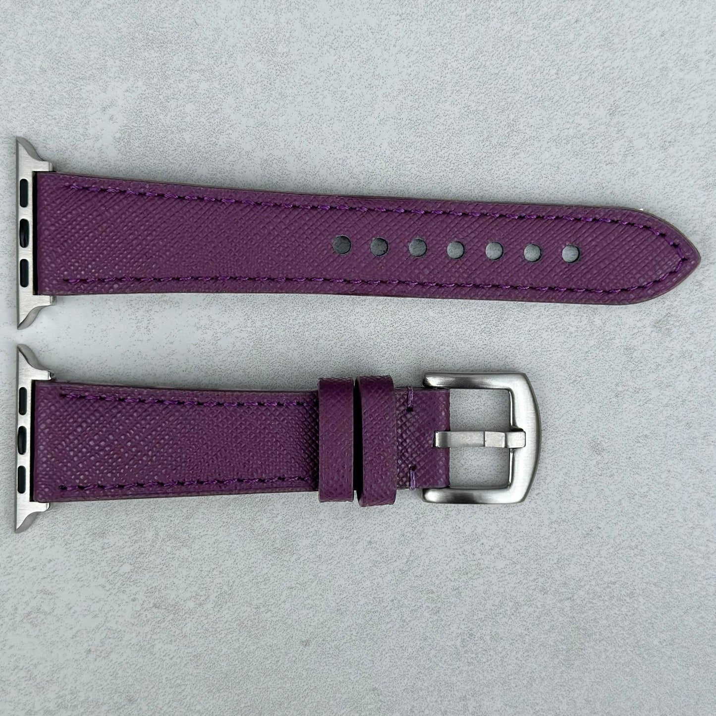 Royal Purple Saffiano leather Apple Watch strap. Apple Watch Series 3, 4, 5, 6, 7, 8, 9, SE and Ultra. Watch And Strap