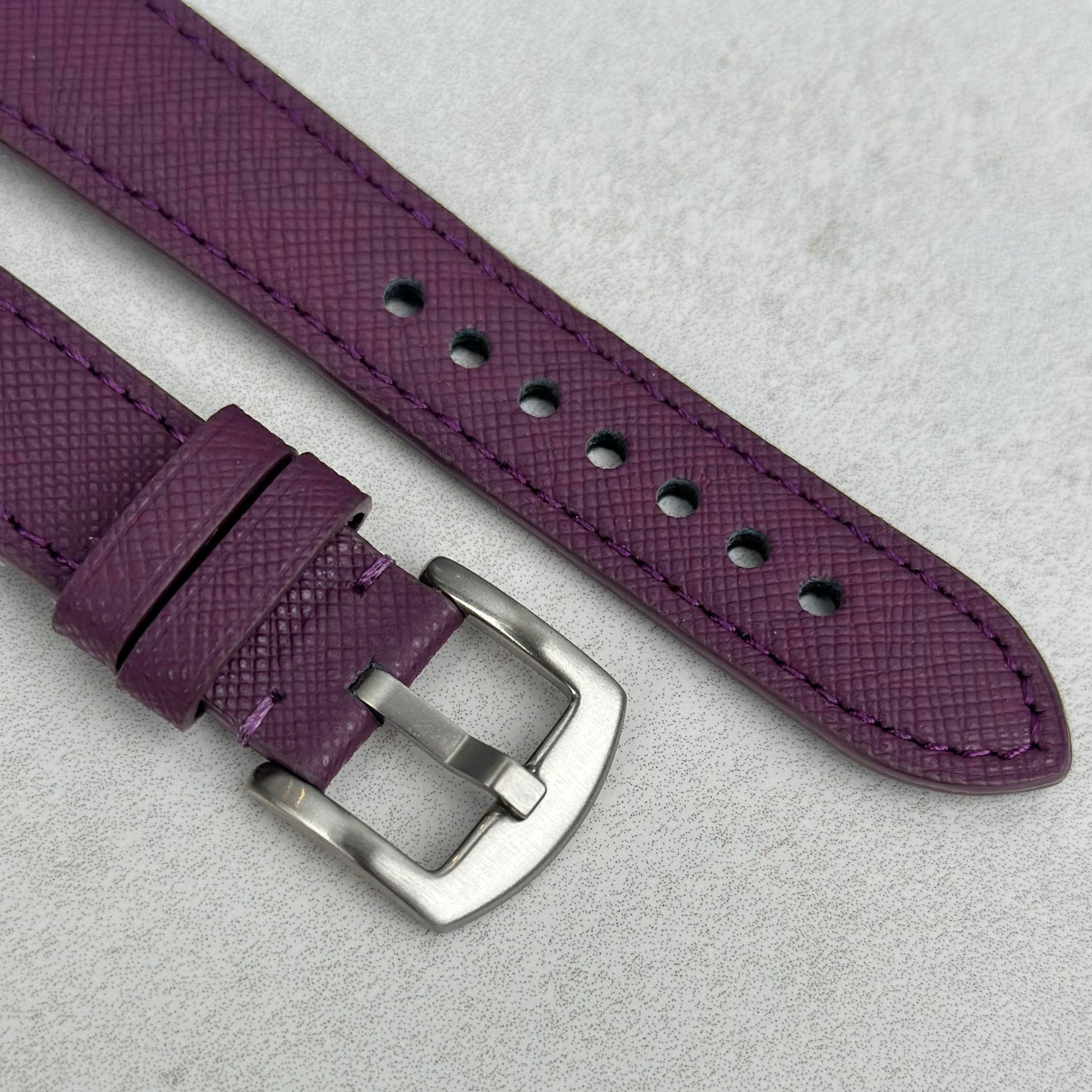 Brushed 316L stainless steel buckle on the Florence Royal Purple Saffiano leather watch strap. Watch And Strap.