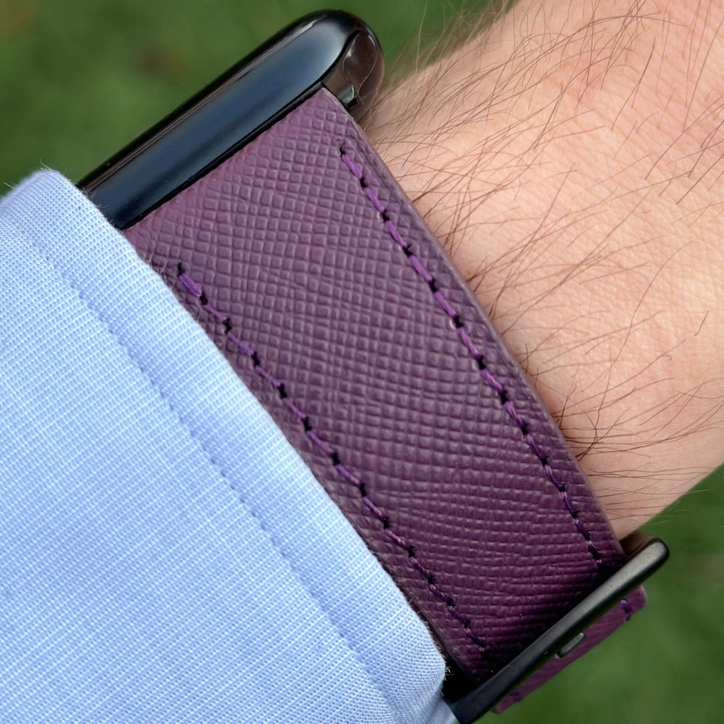 Wrist shot Royal purple saffiano leather apple watch strap. Apple Watch Series 9. Watch And Strap.