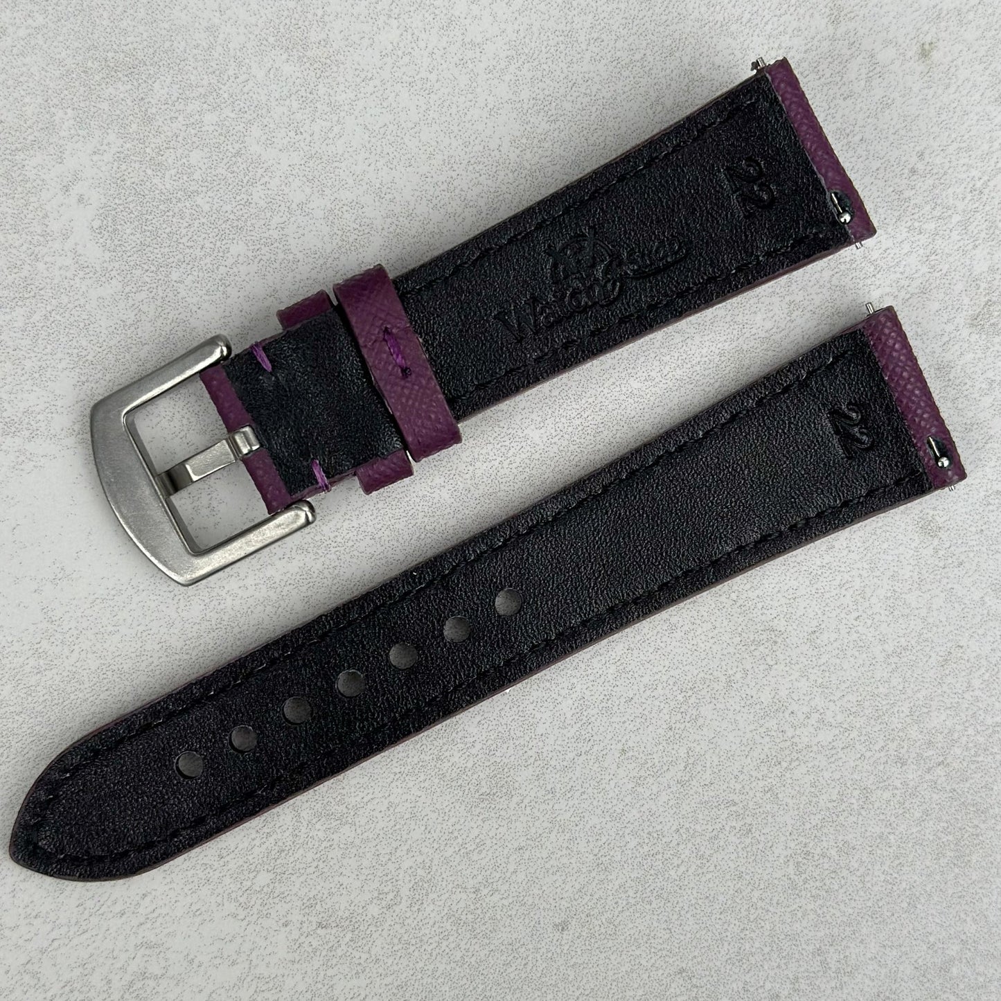 Rear of the Royal purple Saffiano leather watch strap. Quick release pins. 18mm, 20mm, 22mm, 24mm. Watch And Strap.