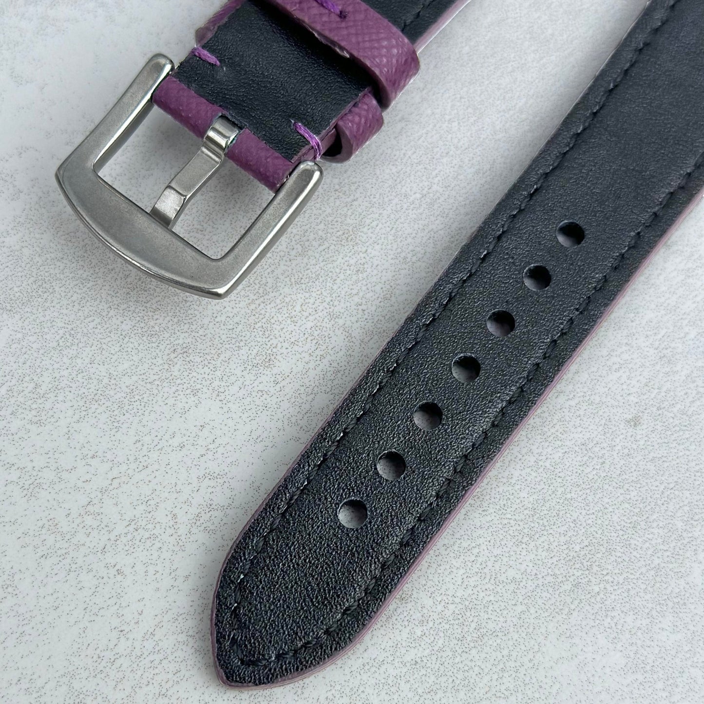 Rear of the brushed 316L stainless steel buckle on the Saffiano leather watch strap. Watch And Strap.