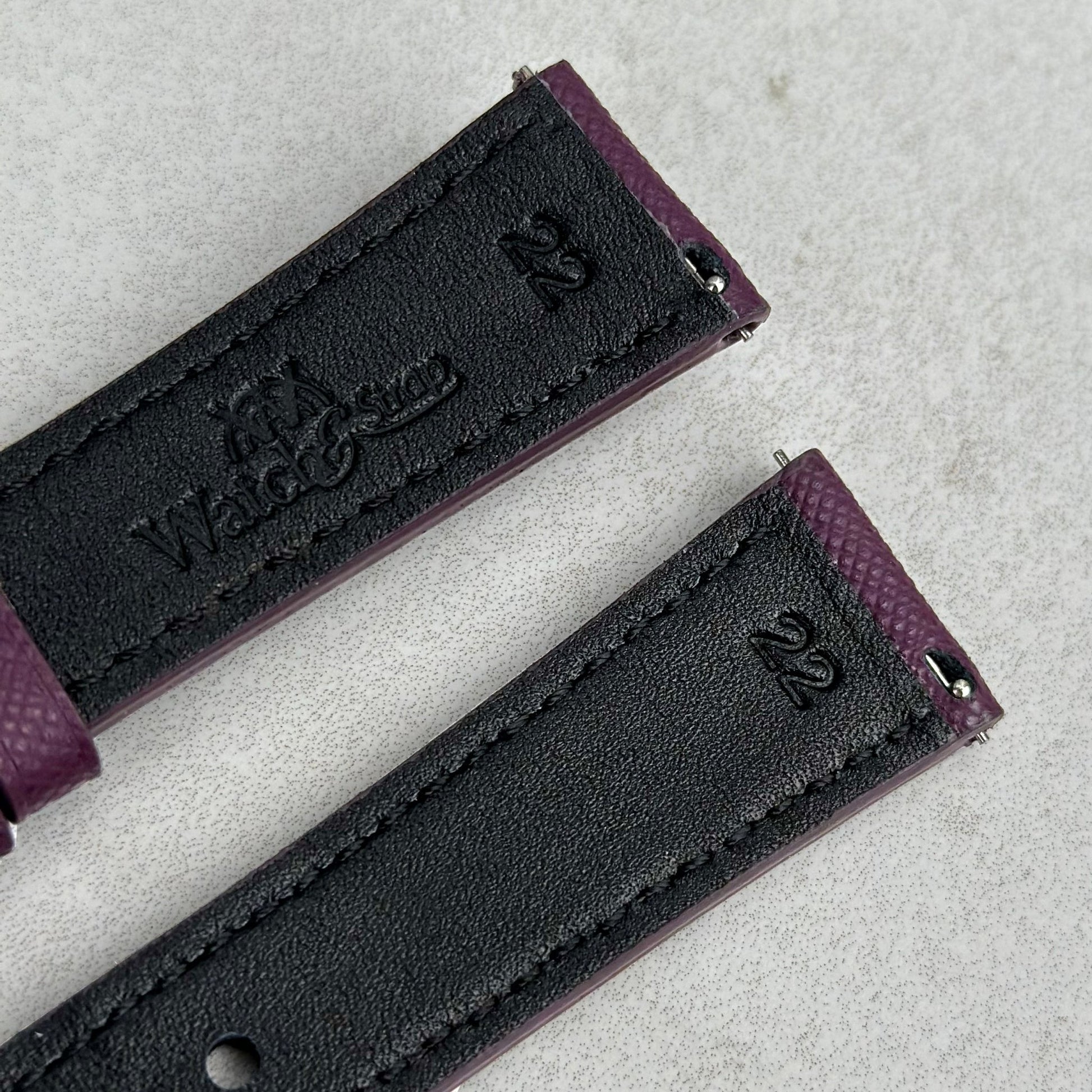 Quick release pins on the Florence royal purple Saffiano leather watch strap. 18mm, 20mm, 22mm, 24mm. Watch And Strap.