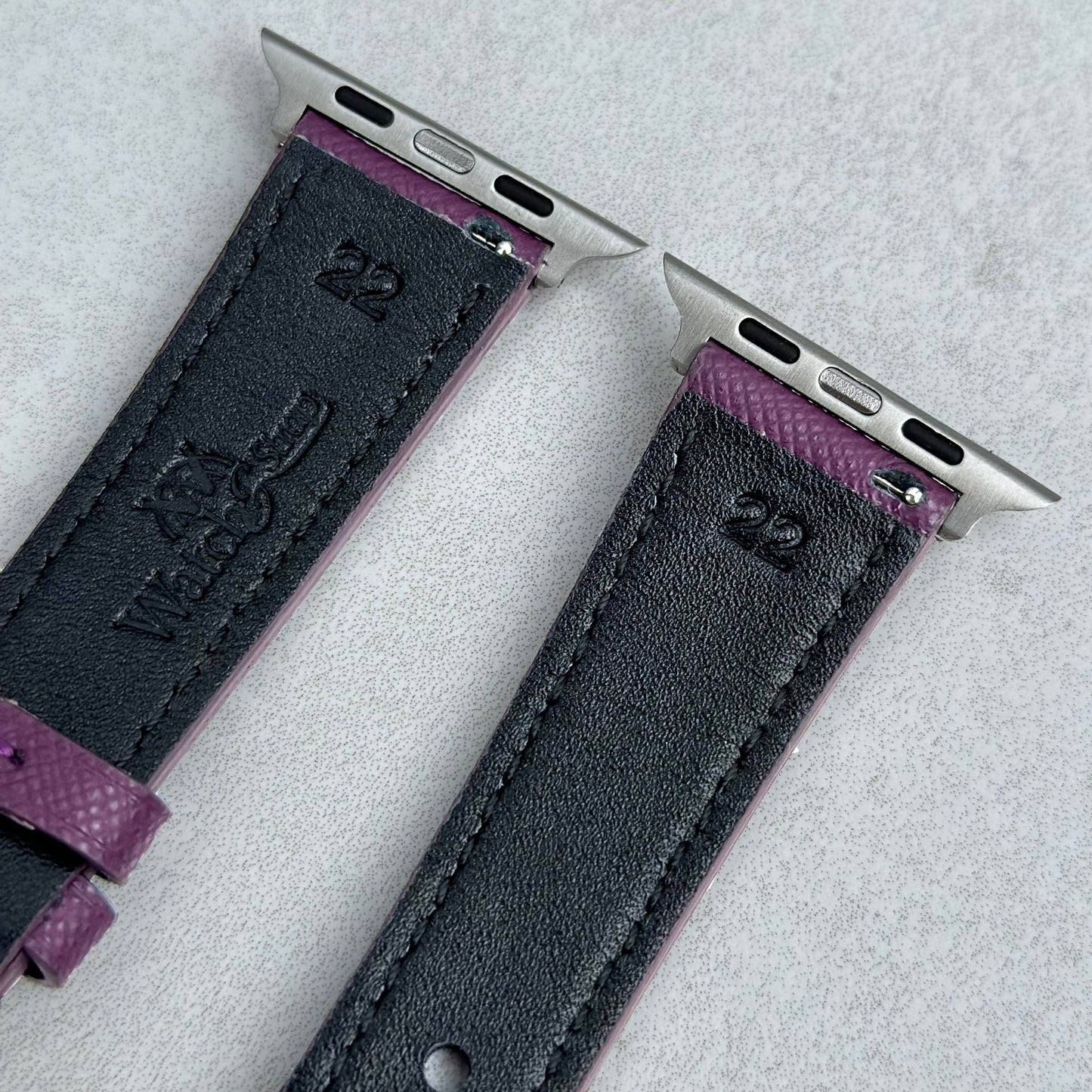 Rear of the Florence Royal purple Saffiano leather Apple watch strap. Watch And Strap logo.