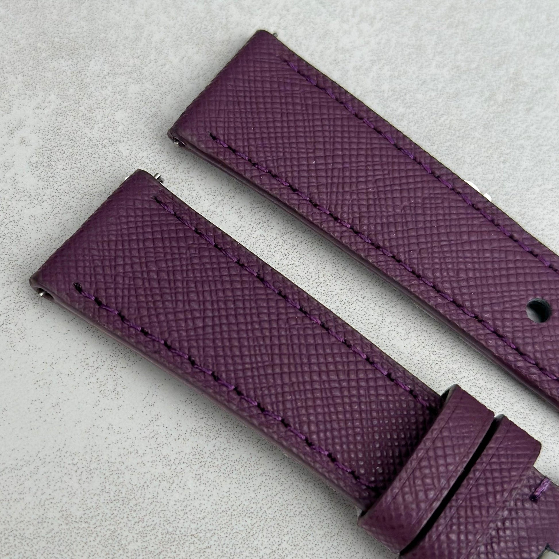 Top of the Florence Royal Purple Saffiano leather watch strap. 18mm, 20mm, 22mm, 24mm. Watch And Strap.