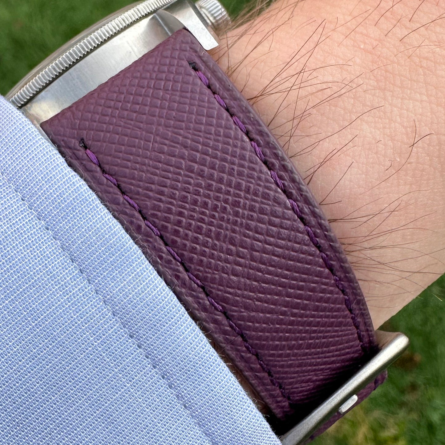 Wrist shot of the Florence Royal purple Saffiano leather watch strap on the Tudor Blackbay 58. Watch And Strap.