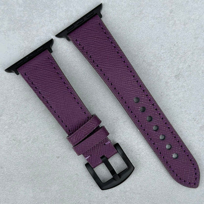 Royal purple Saffiano leather Apple Watch strap. PVD black hardware. Apple Watch Series 3, 4, 5, 6, 7, 8, 9, SE, Ultra.