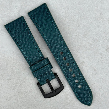 Florence teal Saffiano leather watch strap. PVD black buckle. 18mm, 20mm, 22mm, 24mm. Watch And Strap.